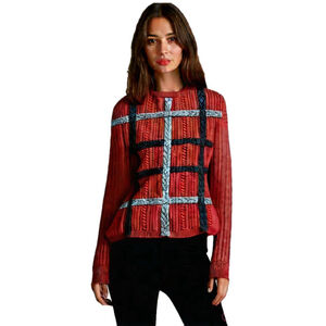 Vintage LORD & TAYLOR Cashmere Blend Cable Knit Red & Grey Plaid Sweater, Small